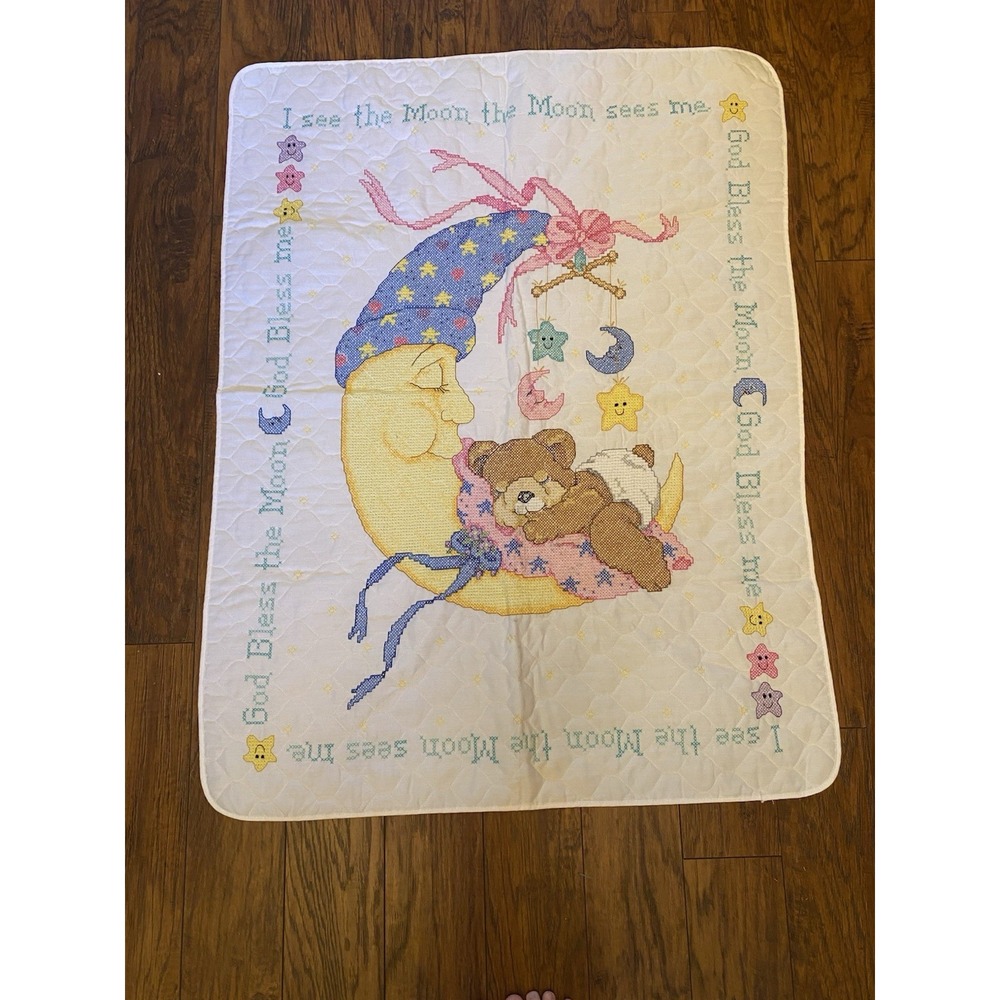 Handmade Cross Stitch Baby Quilt Teddy Bear Moon Nursery Crib Blanket 42 X 31